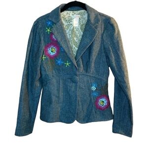 Rubber Ducky Blue Tweed Embroidered Wool Blend Blazer Sz S